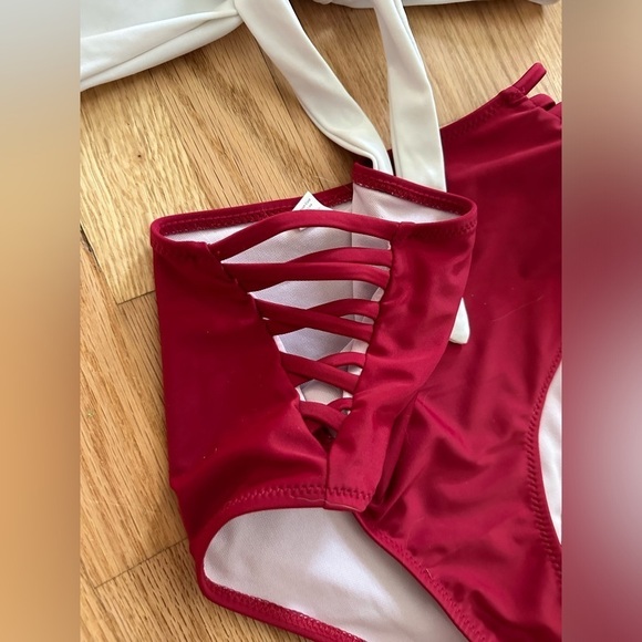 Red and white 2 piece high waist bikini - Picture 2 of 5